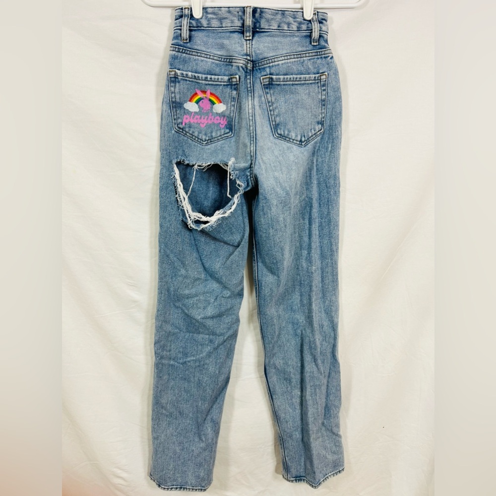 Playboy By PacSun 90s High Waist Boyfriend Jeans Sz 22 Light Wash W/Bunny Print